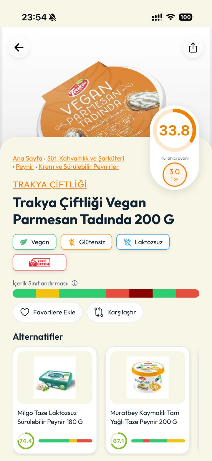 Besin product detail screen showing food information and score